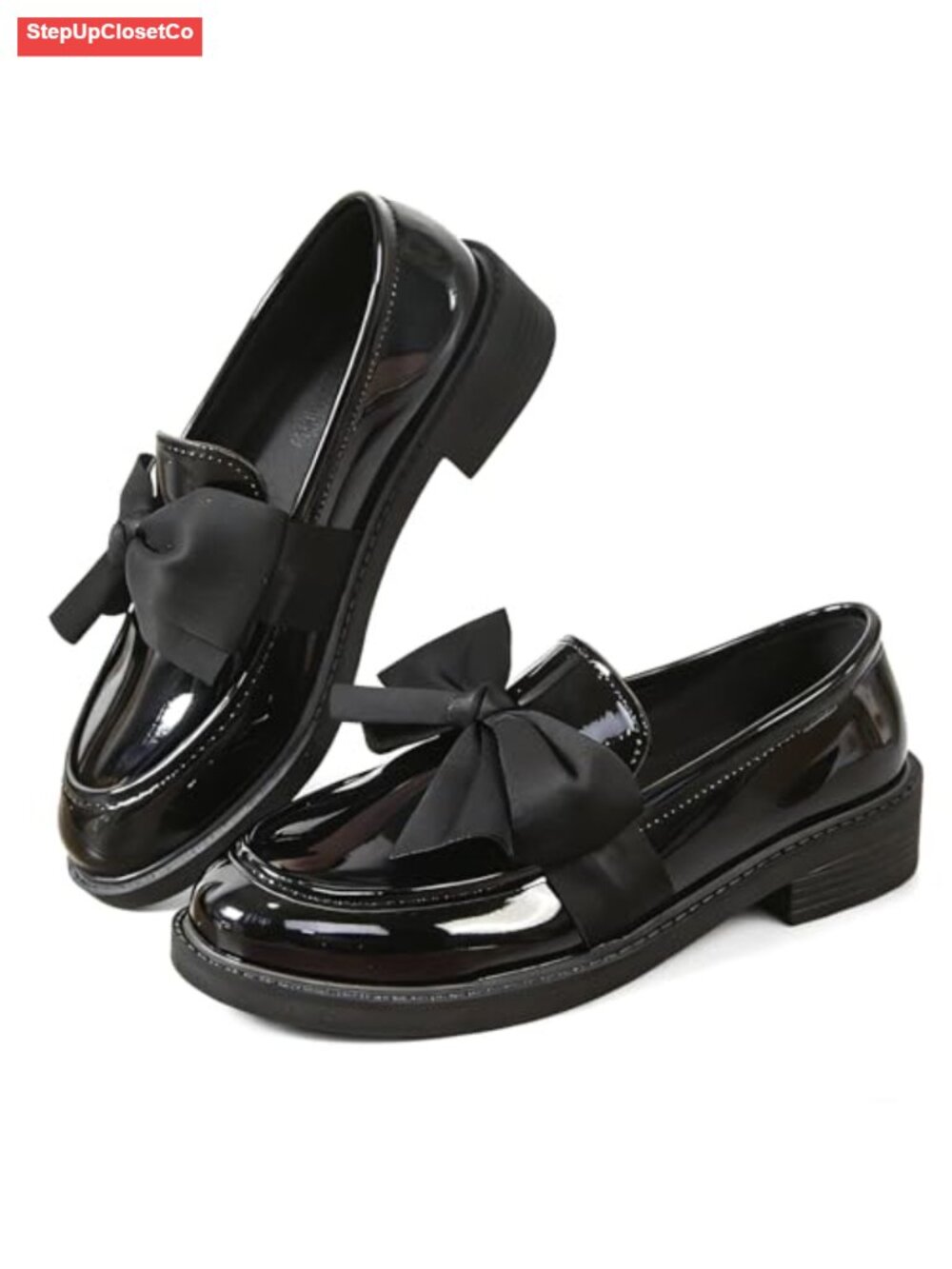 Patent Leather Bow Loafers for Women Comfort Round Toe Slip On Anti Slip Low